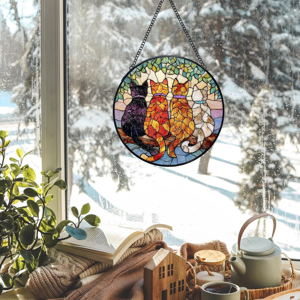 Cat Stained Glass Window Hanging Suncatchers, Cat Mom Lovers Owner Gifts Sun Catchers Indoor Window