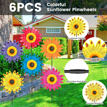 6PCS Sunflower Wind Spinners with Stakes 14" W x 29" H Wind Spinners Lawn Pinwheel Sunflower