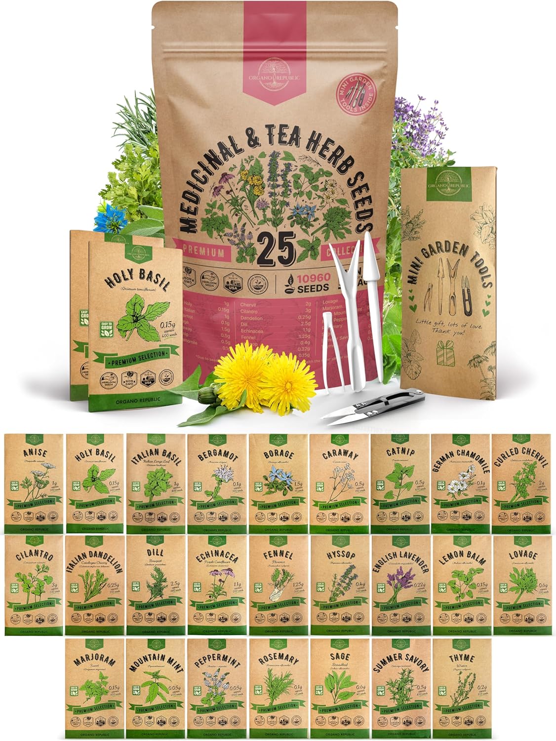 Organo Republic 25 Medicinal & Tea Herb Seeds Variety Pack for Indoor & Outdoors. 10900+ Non-GMO