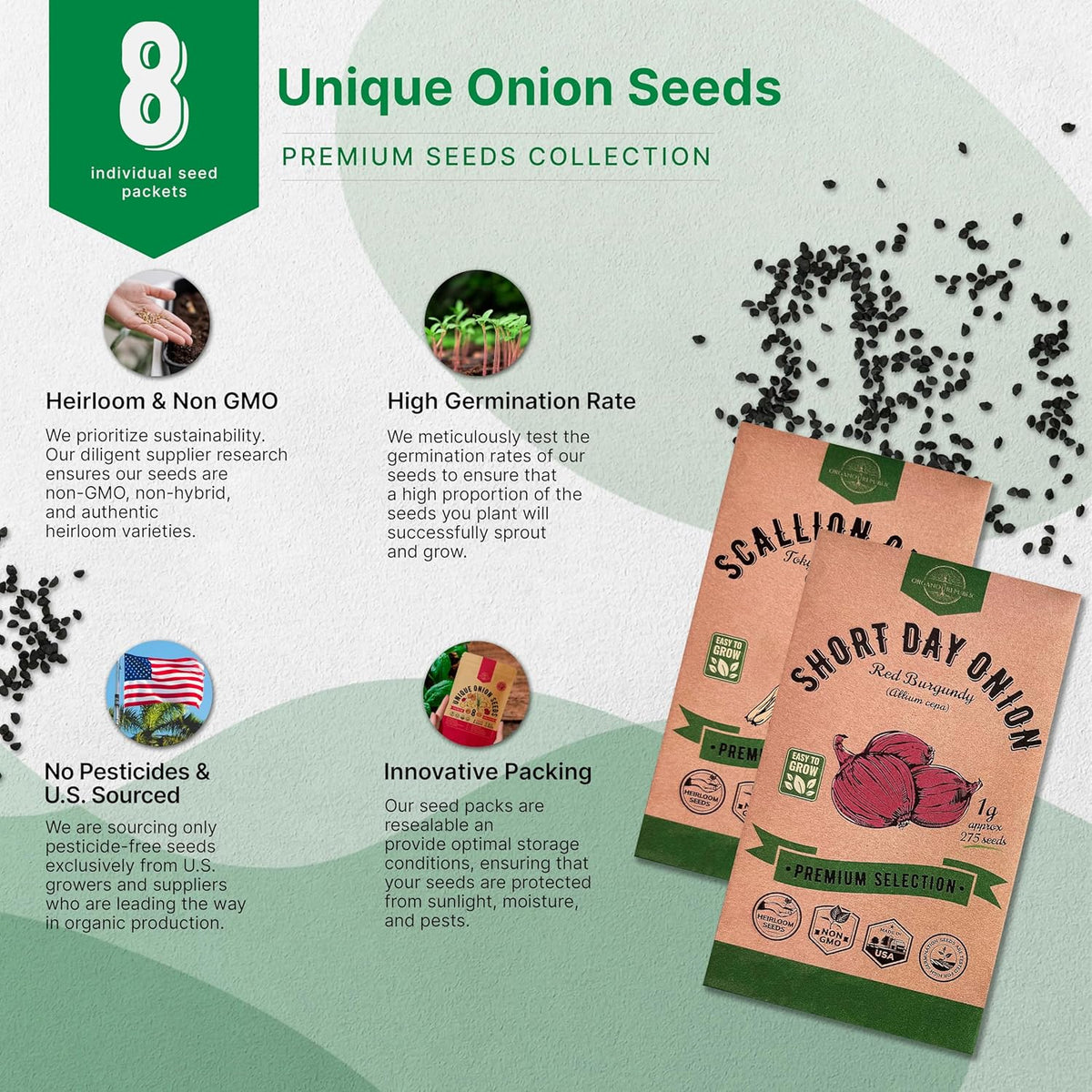 Organo Republic 8 Onion Seeds Variety Pack Heirloom, Non-GMO, Sets for Indoors, Outdoors Gardening.