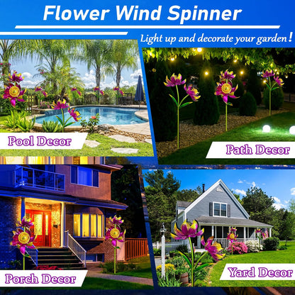 Solar Wind Spinner Outdoor, 63 Inch Metal Wind Spinner Yard Art with Lights - Twin Flower Design