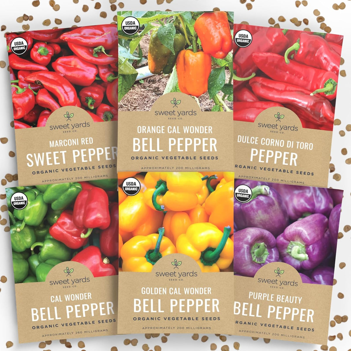 Organic Sweet Pepper Seeds Variety Pack - 6 Individual Packs - 2025 Season - Red, Orange, Yellow
