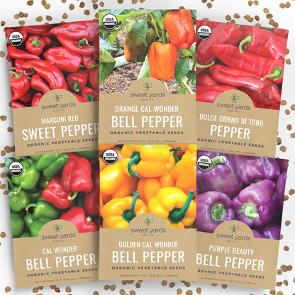 Organic Sweet Pepper Seeds Variety Pack - 6 Individual Packs - 2025 Season - Red, Orange, Yellow