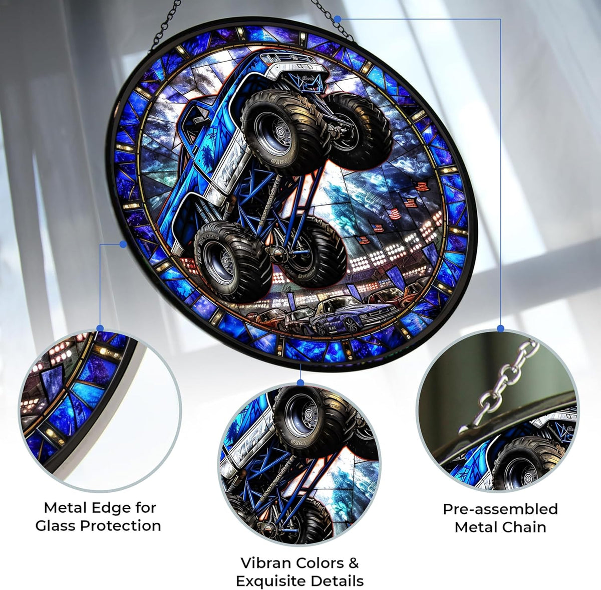 Monster Truck Stained Glass Window Hanging Window Suncatcher 12" Glass Panel with Metal Chain and