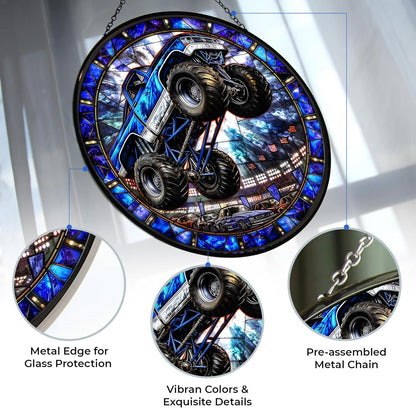 Monster Truck Stained Glass Window Hanging Window Suncatcher 12" Glass Panel with Metal Chain and