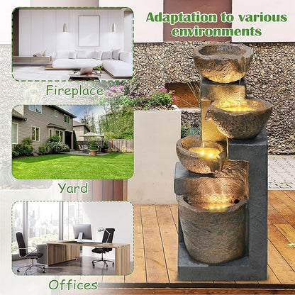 4-Tiers Cascading Bowls Outdoor Water Fountain with LED Light, Standing Cascading Water Feature