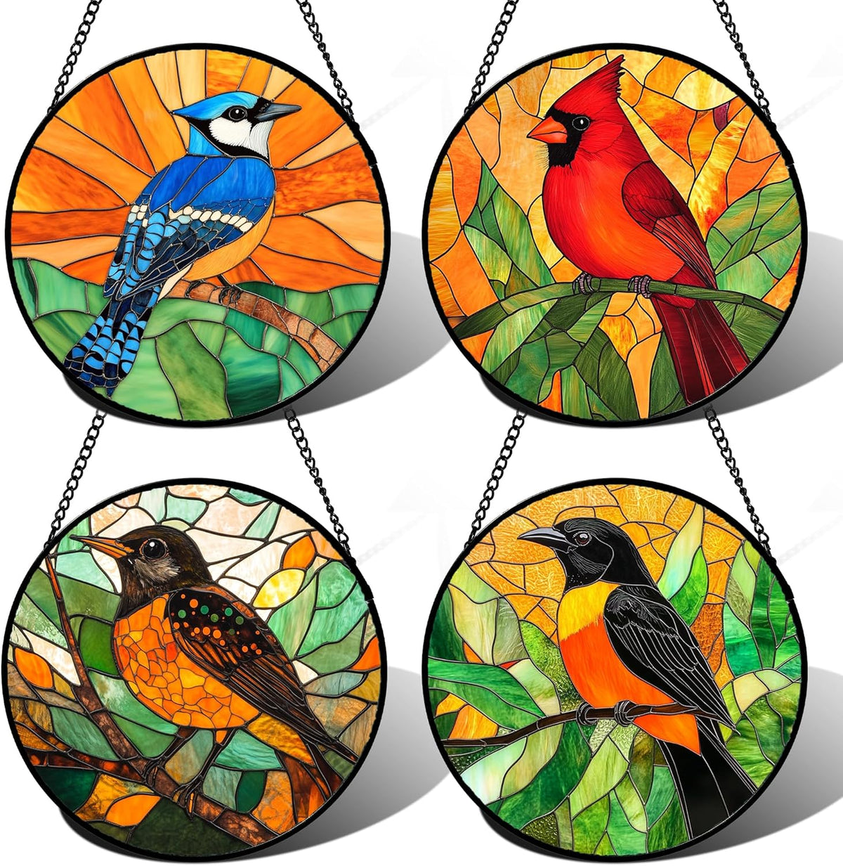 Stained Glass Window Hanging 4 Pcs Set Birds Large 15" - Cardinal Blue Jay Suncatcher Door Garden