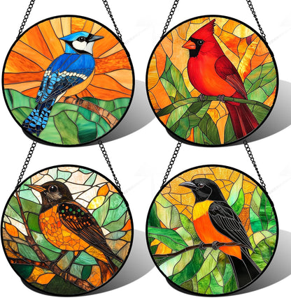 Stained Glass Window Hanging 4 Pcs Set Birds Large 15" - Cardinal Blue Jay Suncatcher Door Garden