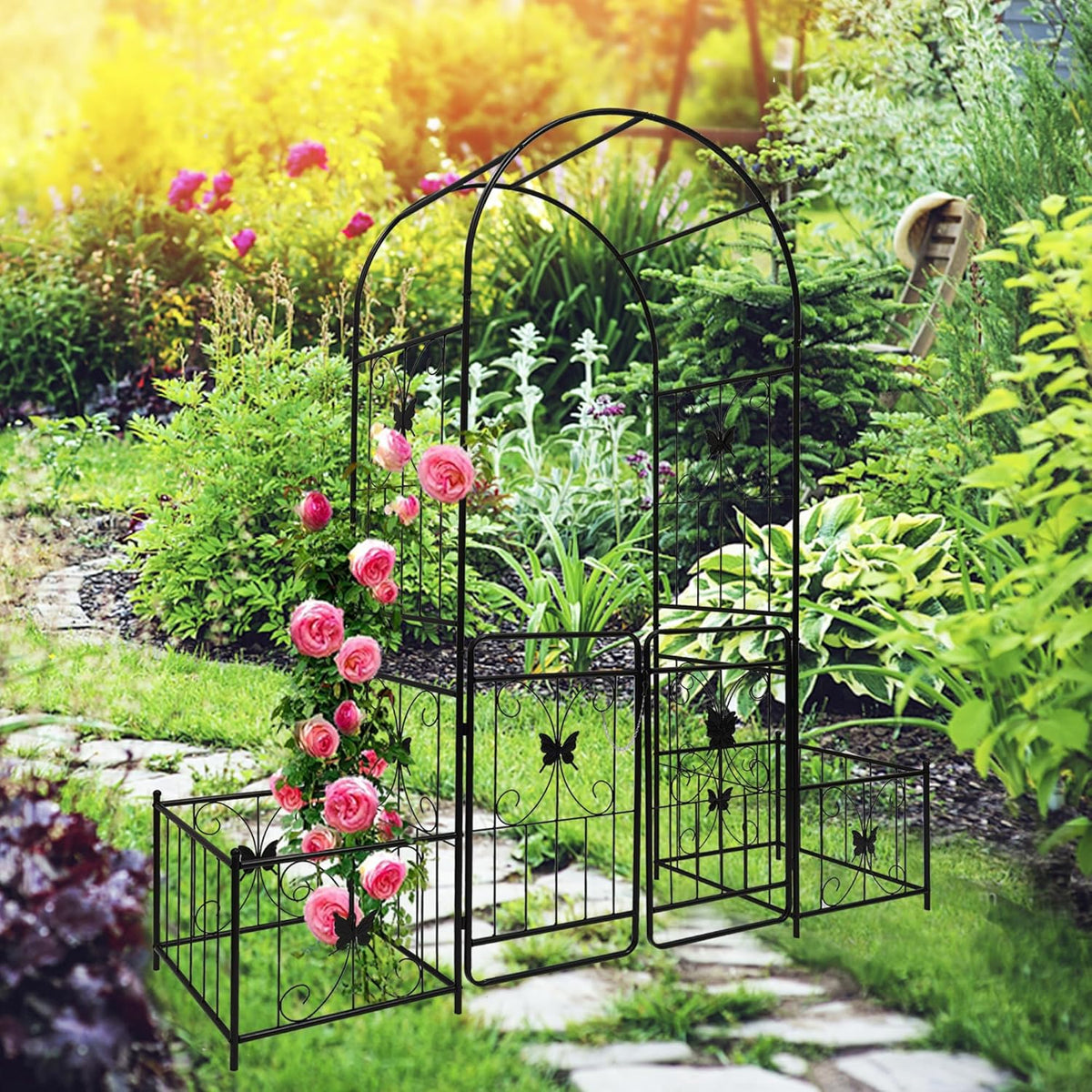 Metal Garden Arch with Gate and 2 Plant Stands, Garden Arch Trellis for Climbing Plants Outdoor