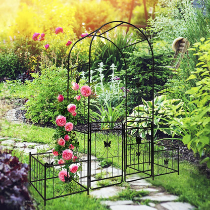 Metal Garden Arch with Gate and 2 Plant Stands, Garden Arch Trellis for Climbing Plants Outdoor