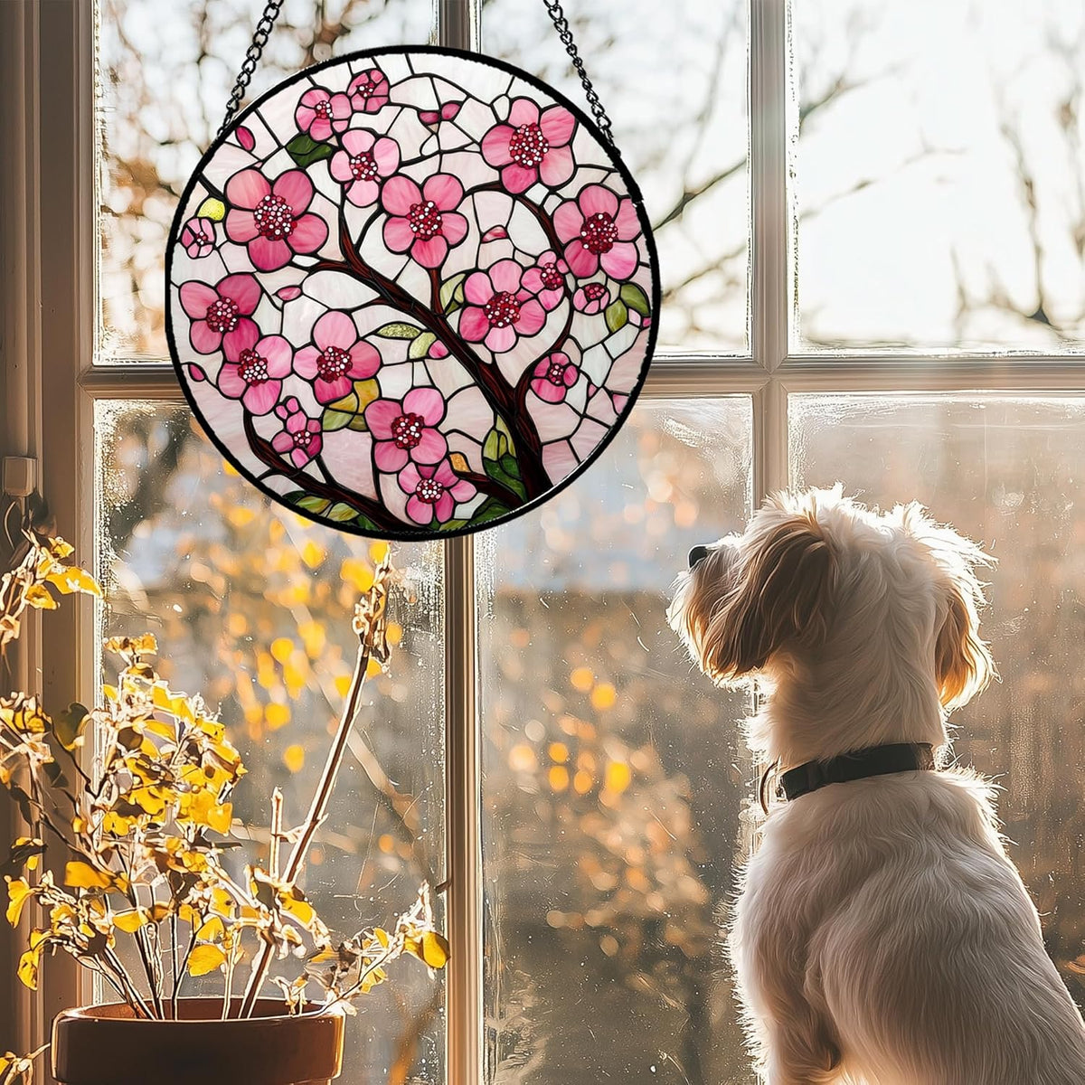 Stained Glass Window Hanging - Cherry Blossoms Birth Flower Suncatcher for Door Garden Patio Sun