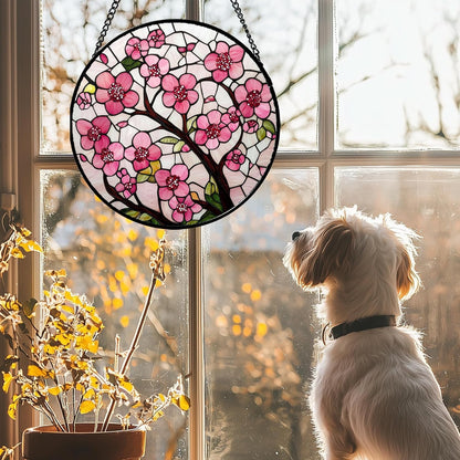 Stained Glass Window Hanging - Cherry Blossoms Birth Flower Suncatcher for Door Garden Patio Sun