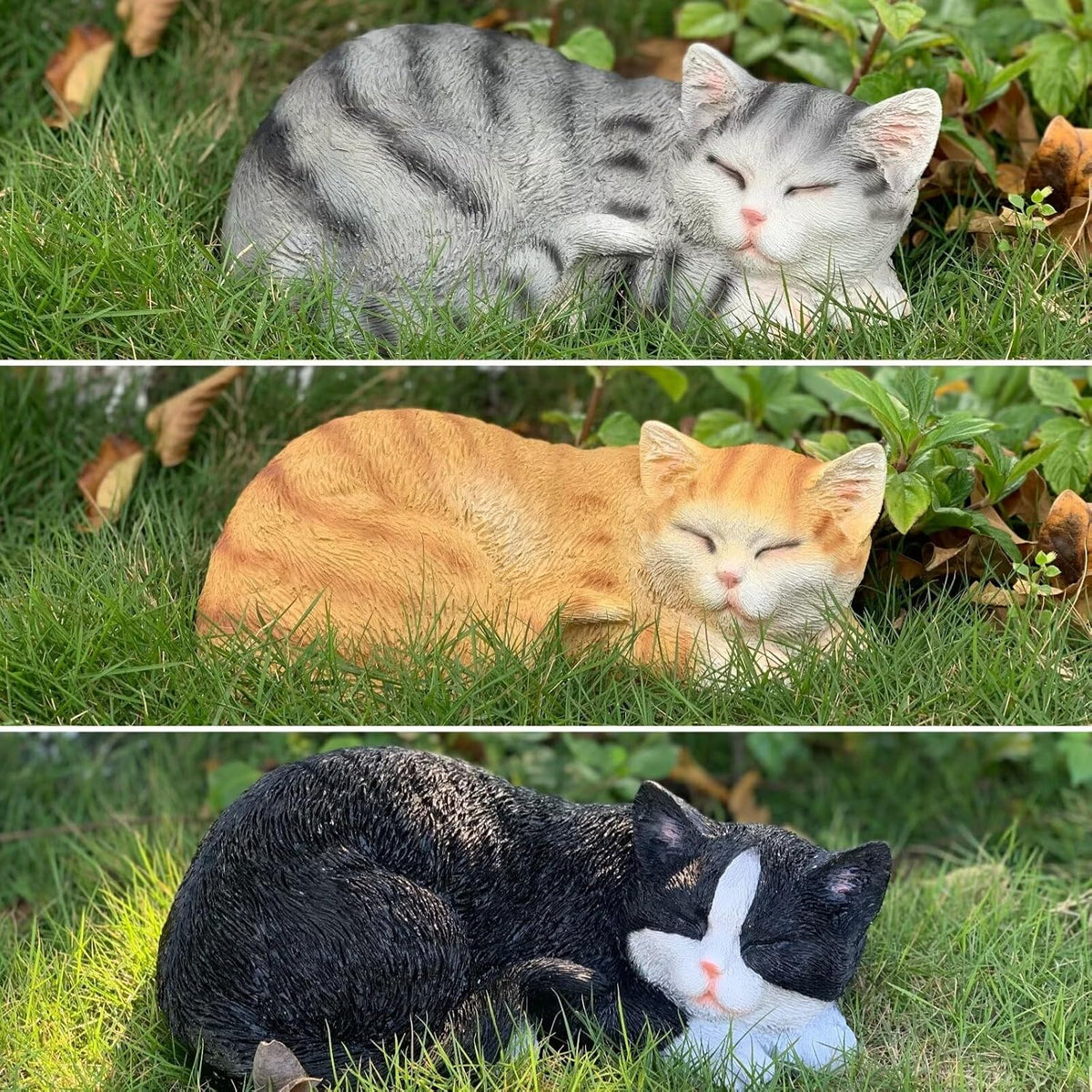 Cat Statue Outdoor Cat Figurines Garden Decor, Black Tabby Statue Figurine Decor Sculpture for