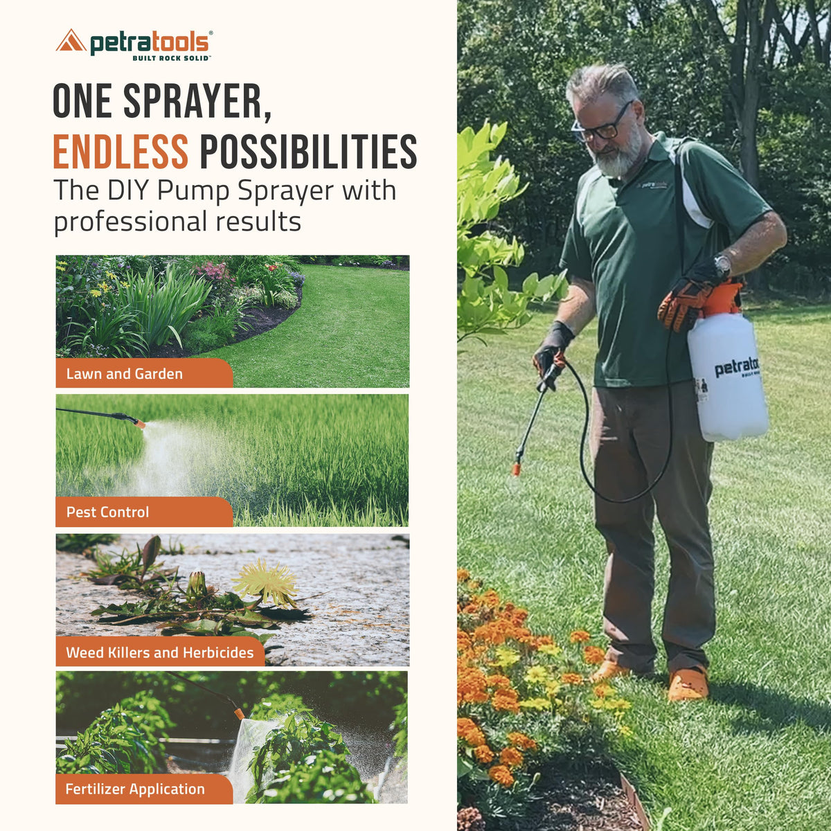 PetraTools HD201 Garden Pump Sprayer 2 Gallon, 52-in Long Hose & 2 Nozzles