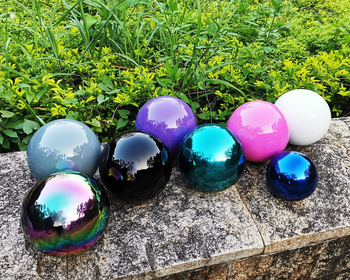 Cyan Blue Gazing Globe Mirror Ball in Stainless Steel, Shiny Hollow Sphere Sparkling Housewarming