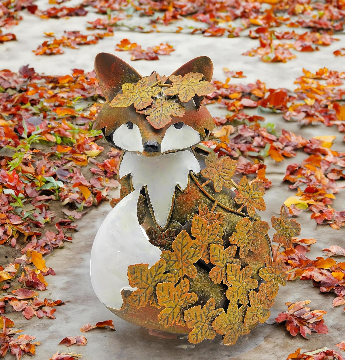 coolboy Garden Metal Fox Outdoor Statues,Interesting Maple Leaf Fox Sculpture for Patio Lawn Home