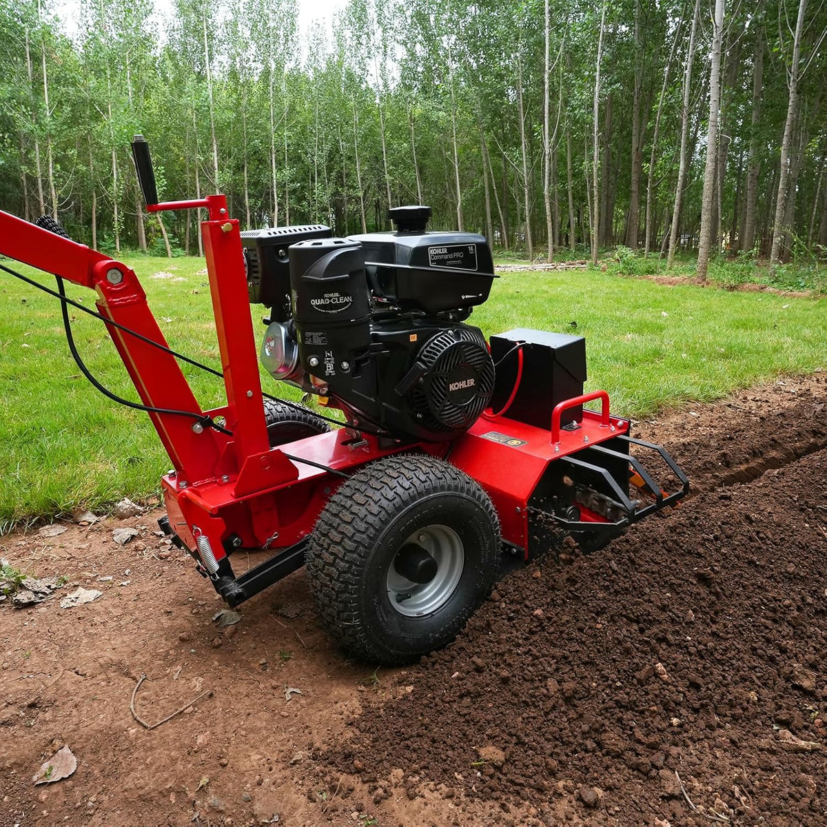429cc 14HP Kohler Gas Powered E-Start Cable Ditching Mini Trencher,24'' Trench Depth, 27pcs Carbide