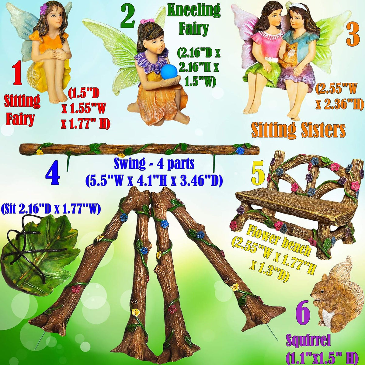 Mood Lab Fairy Garden - Accessories Kit with Miniature Figurines - Swing Set of 6 pcs - for Outdoor