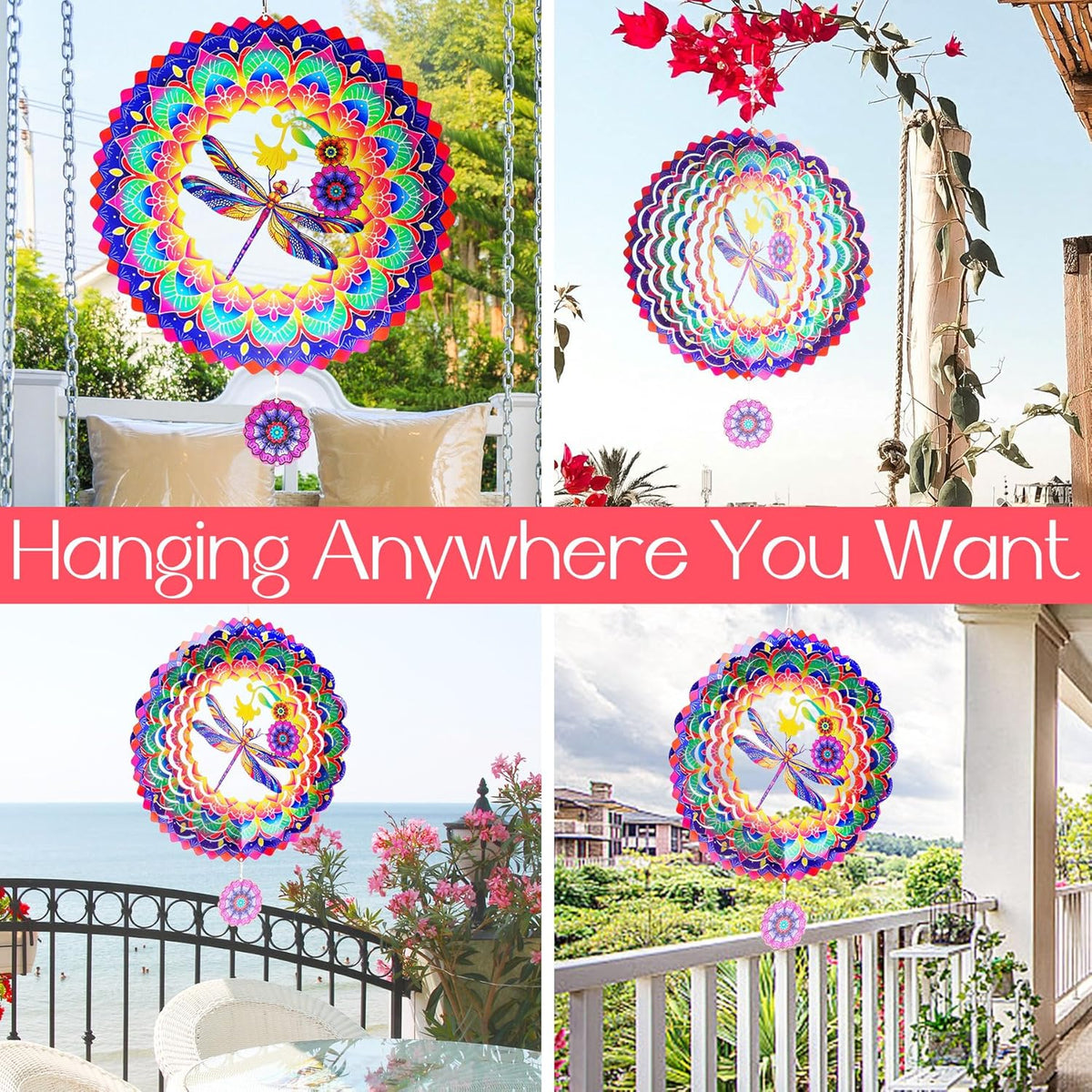 Dragonfly Mandala Wind Spinners Garden Yard Decor Gift for Women Men, 12 Inch Outdoor Metal 3D Wind