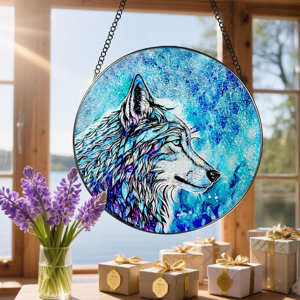 Stained Glass Window Hanging, Stained Glass Suncatcher, Wolf Sun Catcher, Window Hanging Decor