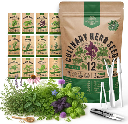 Organo Republic 12 Culinary Herbs Seeds Variety Pack - 7,355+ Heirloom, Non-GMO, Herbs Seeds for