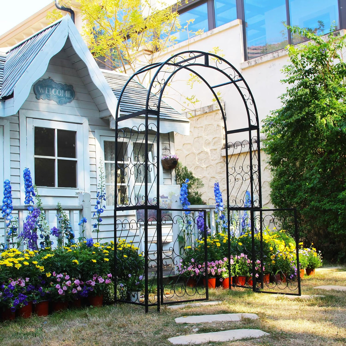 SCENDOR Heavy-Duty Arbor with Gate 48.8" W x 83.5" H, Iron Arch Trellis Arbor Archway for Climbing