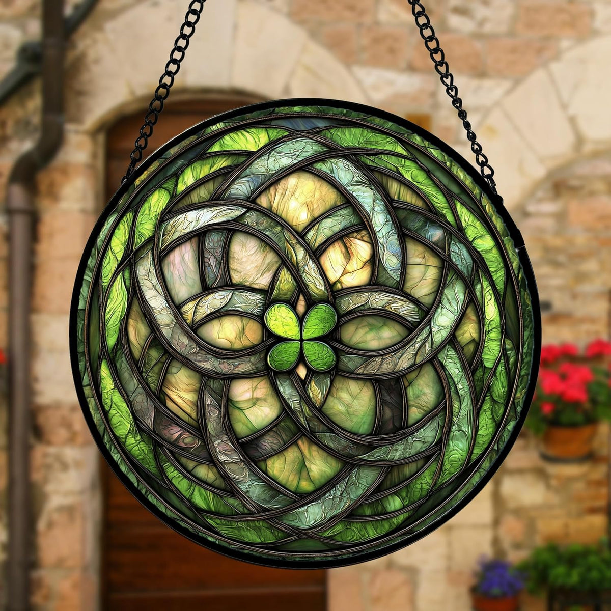 Stained Glass Window Hanging, Abstract Green Clover Sun Catchers Colorful Glass Panel Bless