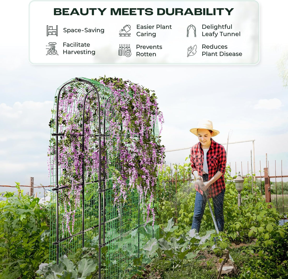 Idzo Arched Trellis for Raised Garden Bed, 70in Stainless Steel Tunnel Vegetable Trellis w PE