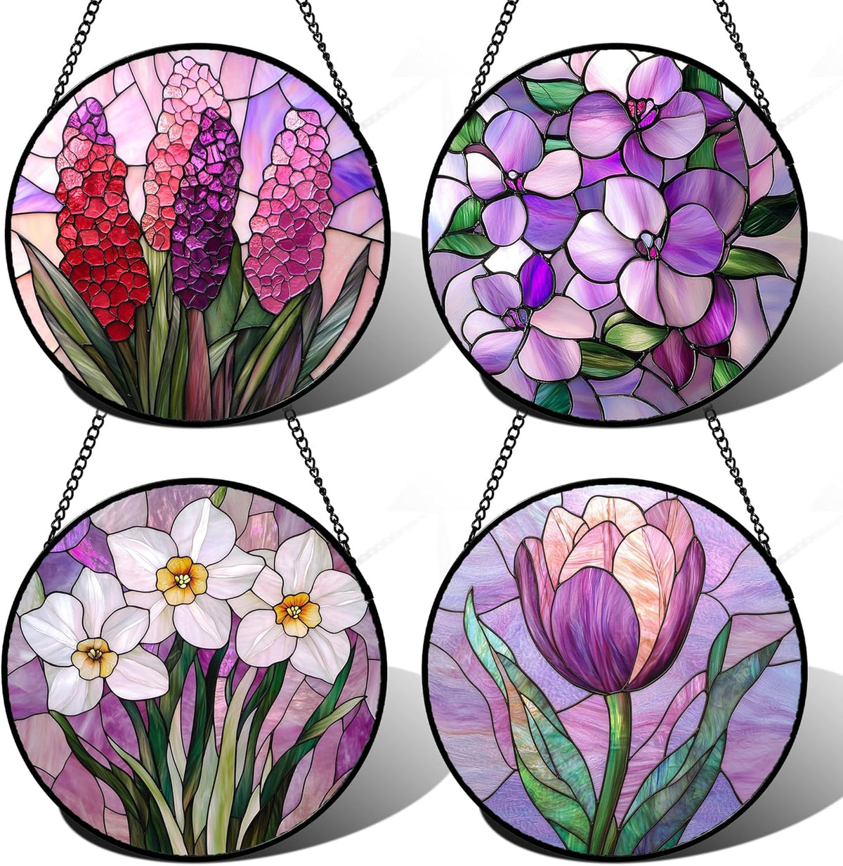 Stained Glass Window Hanging 4 Pcs Set Purple Flower Theme Large 11.8" - Tulip Suncatcher Door