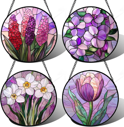 Stained Glass Window Hanging 4 Pcs Set Purple Flower Theme Large 11.8" - Tulip Suncatcher Door