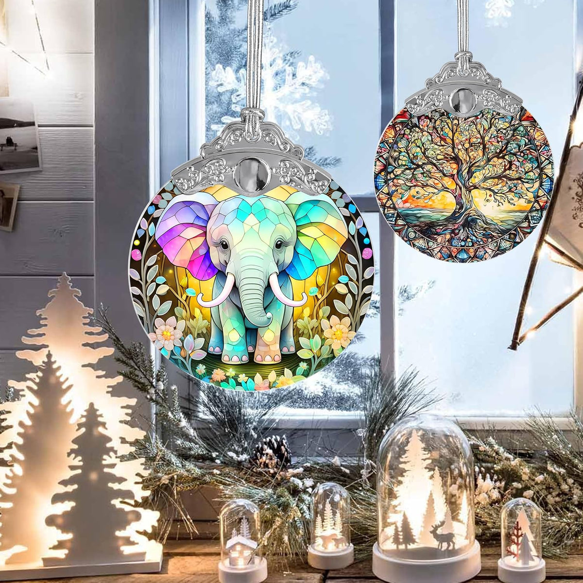 Stained Glass Suncatcher, Jocidea Elephant Ornament, Christmas Ornaments, Holidays Ornaments