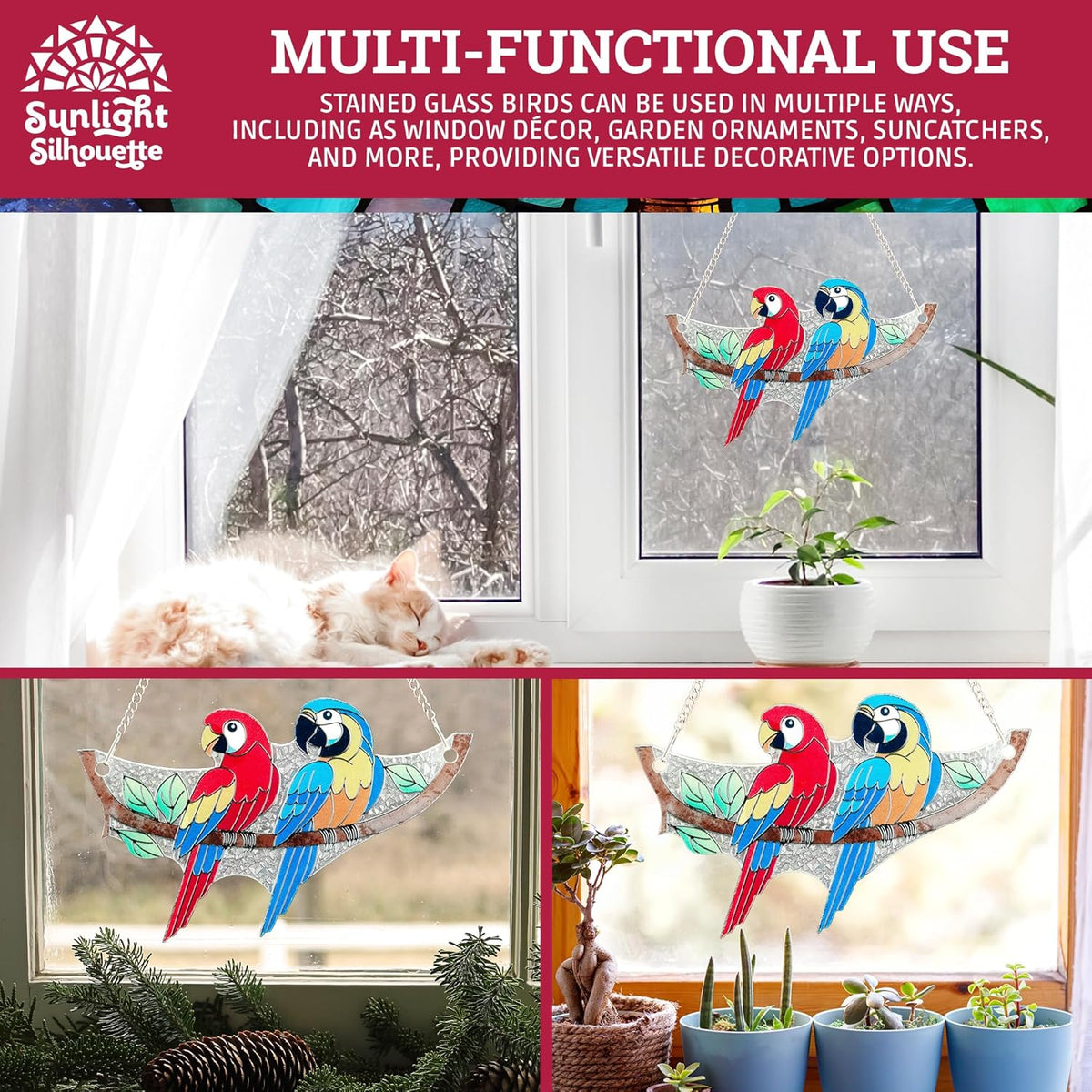 Macaw Bird Stained Glass Suncatcher on Branch 6.4" x 4" Indoor Window Decoration, Ideal Gift for