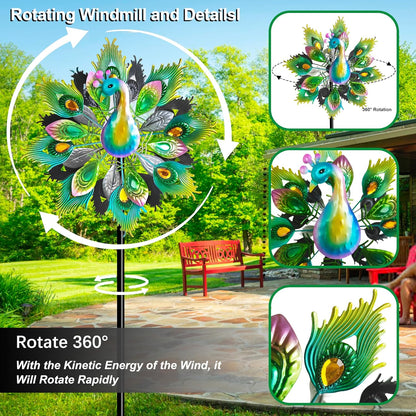 Outdoor Peacock Wind Spinners Featuring Glittering Gem Decor, 13.5" D x 65" H Double Layer Kinetic