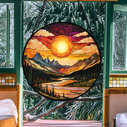 Stained Glass Window Hanging, Dusk Sunset Landscape Sun Catchers Glass Panel Lakes and Mountains