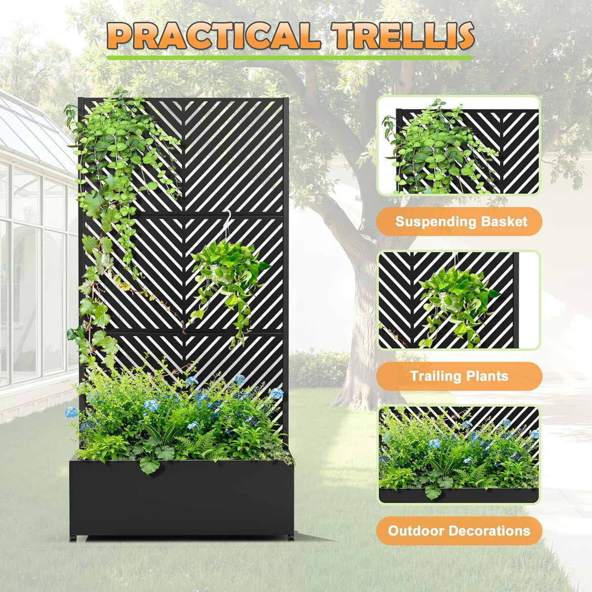 Metal Raised Garden Bed with Trellis, 2-in-1 Planter Box & Privacy Screen for Climbing Plants