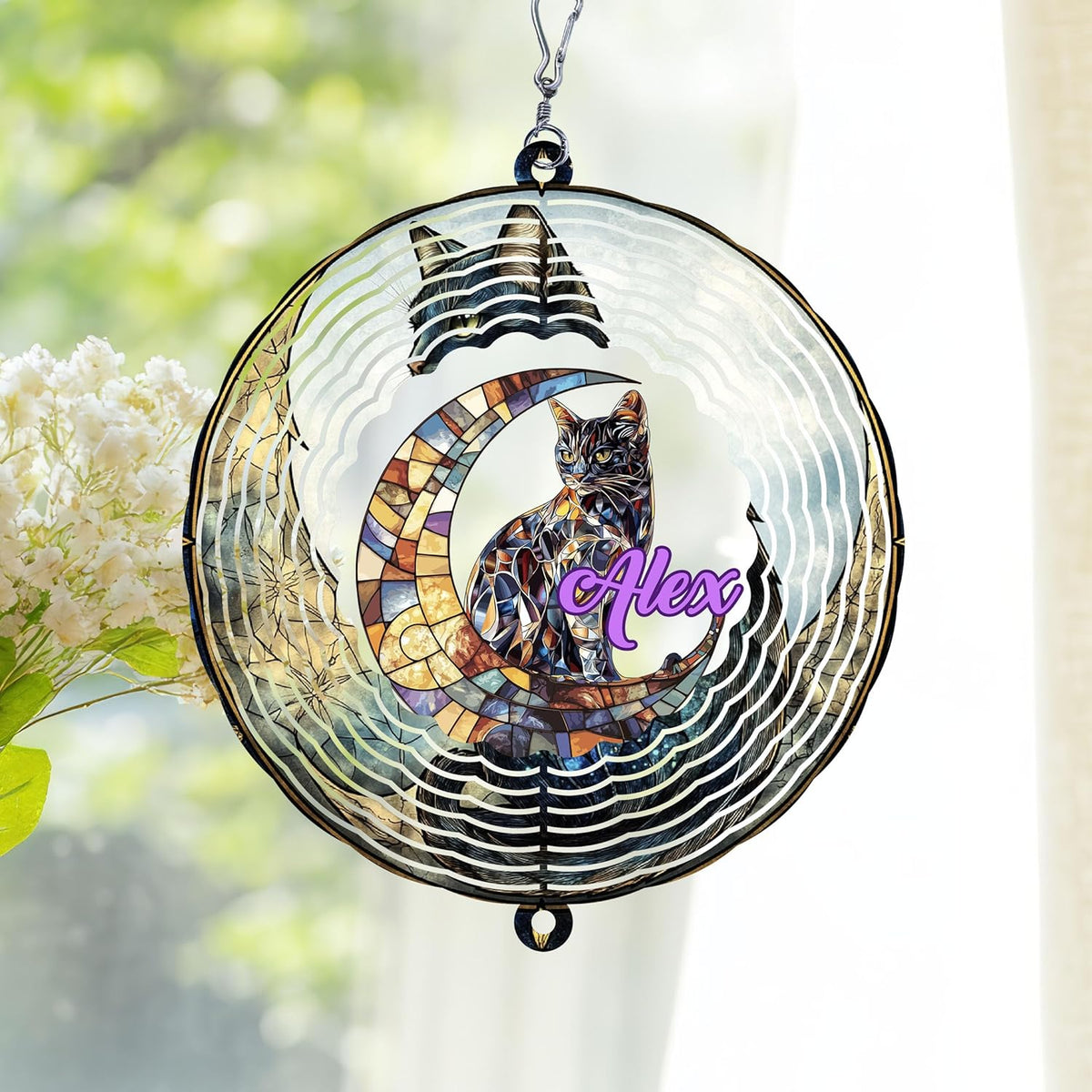 Personalized Cat & Moon Wind Spinner 3D Stainless Steel, Cat Garden Spinner Hanging Outdoor Decor