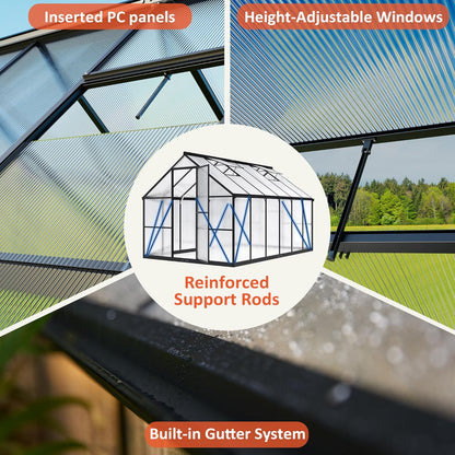 8×12 FT Greenhouse for Outdoors, Quick Setup Polycarbonate Greenhouse with Roof Vent, Walk in Green