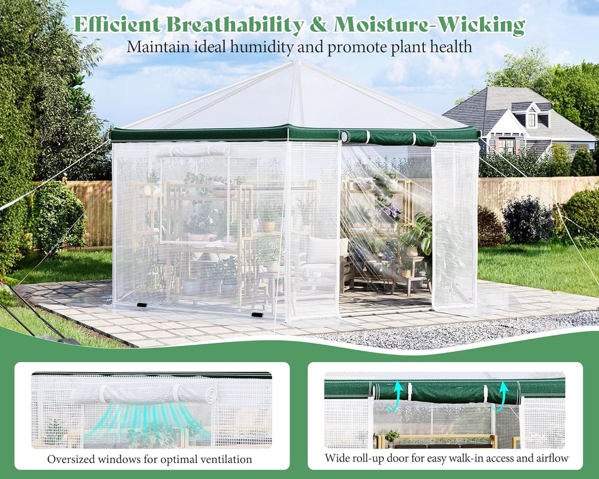 AMERLIFE 13.5x13.5x9 FT Hexagonal Walk-in Greenhouse for Outdoors, Heavy-Duty Greenhouse with