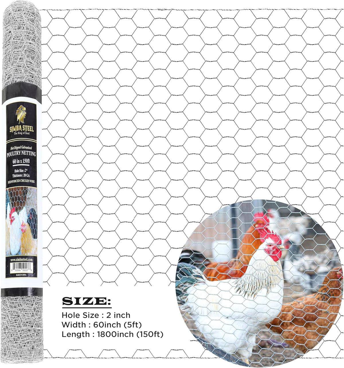 Chicken Wire 60 in x 150 FT x 2” Mesh x 20GA | Poultry Wire Netting | Hot Dipped Galvanised |