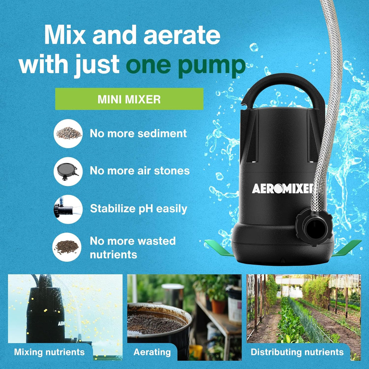 Aeromixer MINI 1/4 HP Submersible Mixing + Aerating Pump - Submersible Water Pump for Nutrient