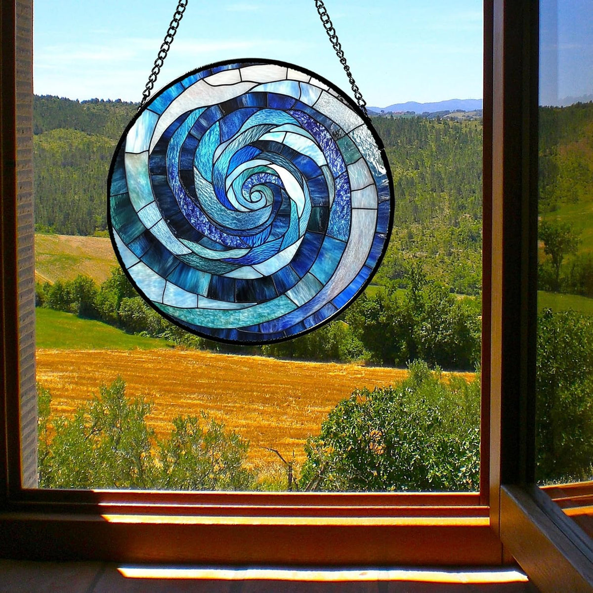 Stained Glass Window Hanging - Blue Abstract Swirl Suncatcher for Doors Garden Patio Unique Sun