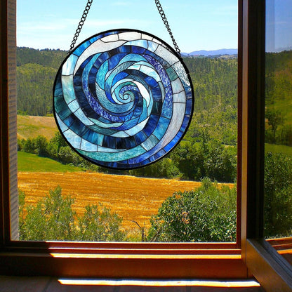 Stained Glass Window Hanging - Blue Abstract Swirl Suncatcher for Doors Garden Patio Unique Sun