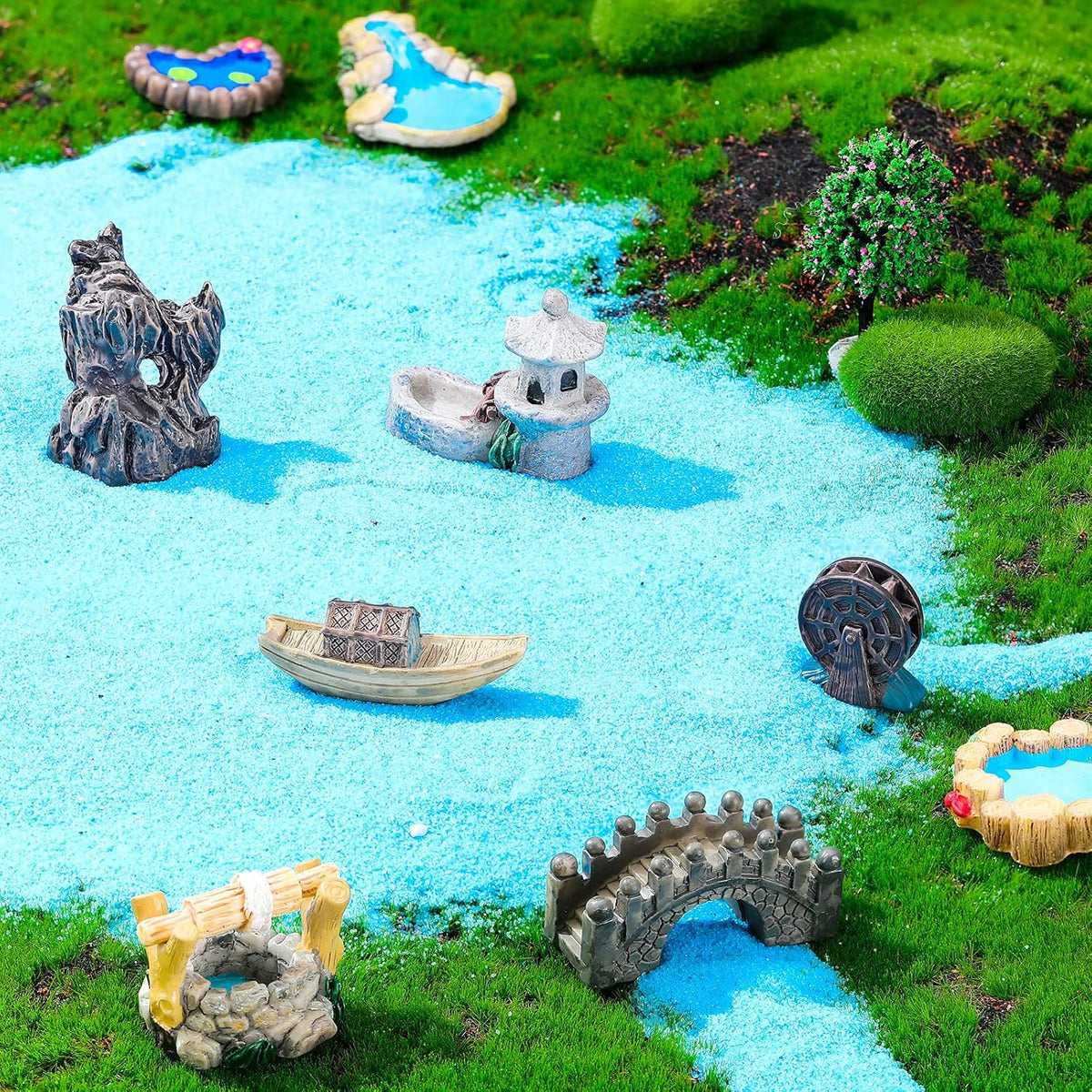 Jetec 12 Pcs Garden Accessories Miniature Bridge Mini Lighthouse Water Well Bridge Figurines Pond