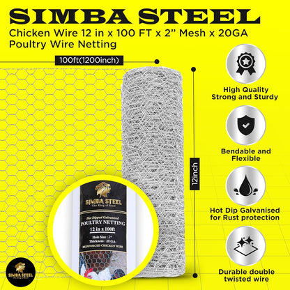 Chicken Wire 12 in x 100 FT x 2” Mesh x 20GA | Poultry Wire Netting | Hot Dipped Galvanised |