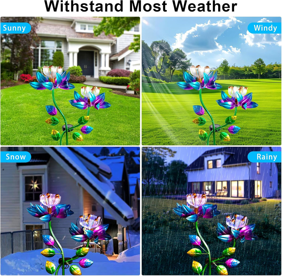 55'' Solar Powered Kinetic Wind Spinner Sculpture Blue Lotus Metal Stake Spinner for Patio, Lawn