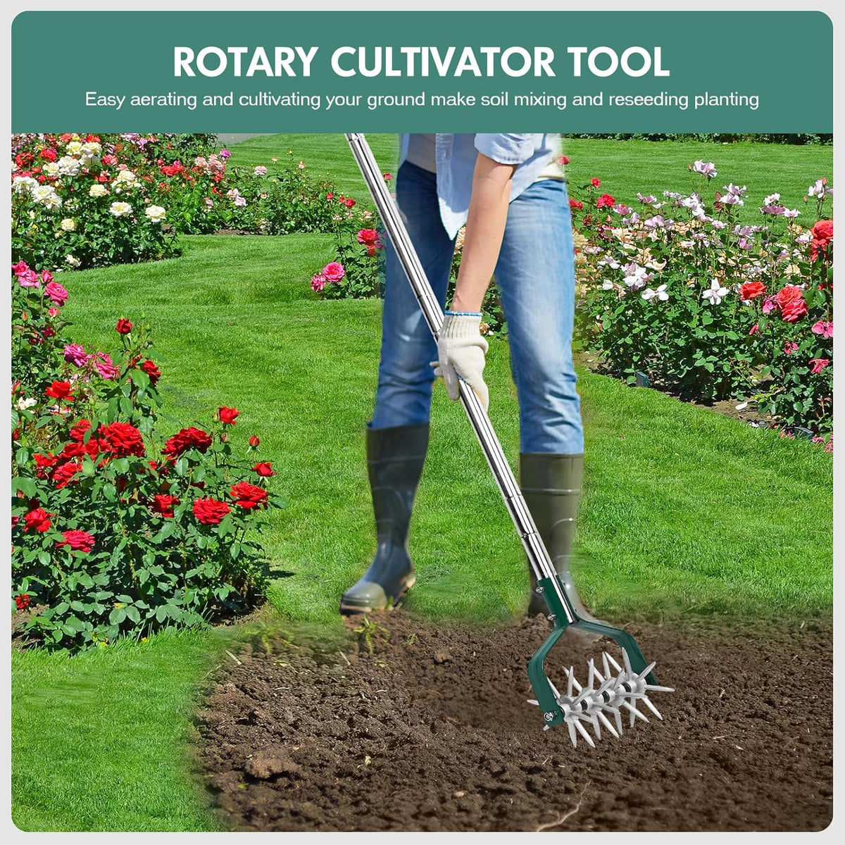 Rotary Cultivator Tiller Adjustable S/S Handle Rotary Tiller with Detachable Solid Metal Tines