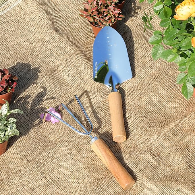 Garden Tool Set, 2 Pieces Stainless Steel Heavy Duty Garden Tools, Gardening Kit with Wooden Handle