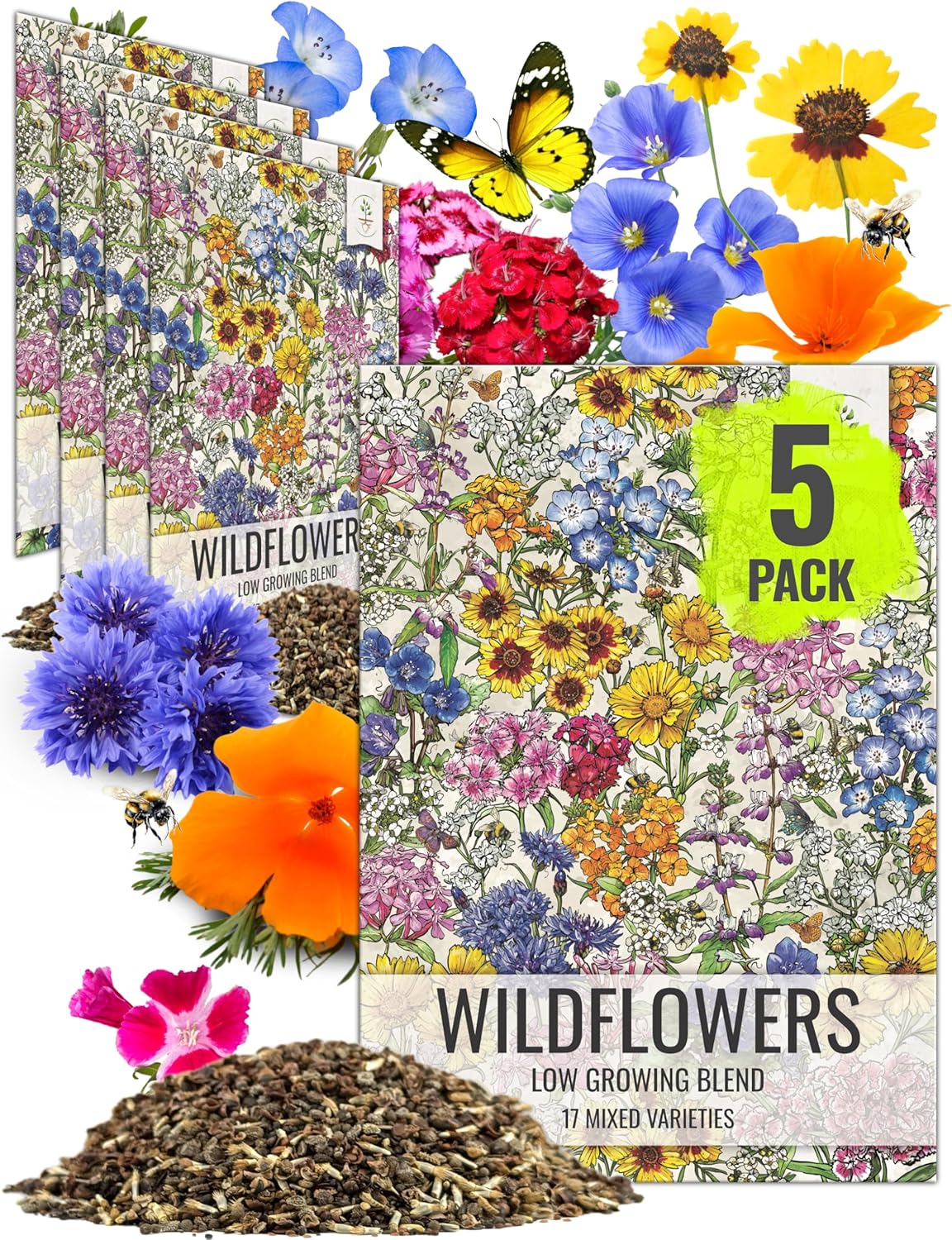 Seed Needs Low Growing Wildflower Flower Seeds for Planting | 5 Packs (1 Ounce Each) Mixture/Blend