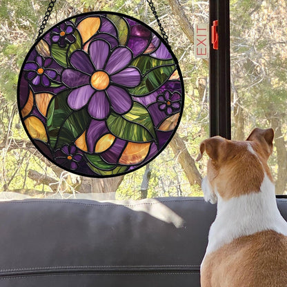 Stained Glass Window Hanging, Purple Green Flowers Sun Catcher for Door Home Decor Plants
