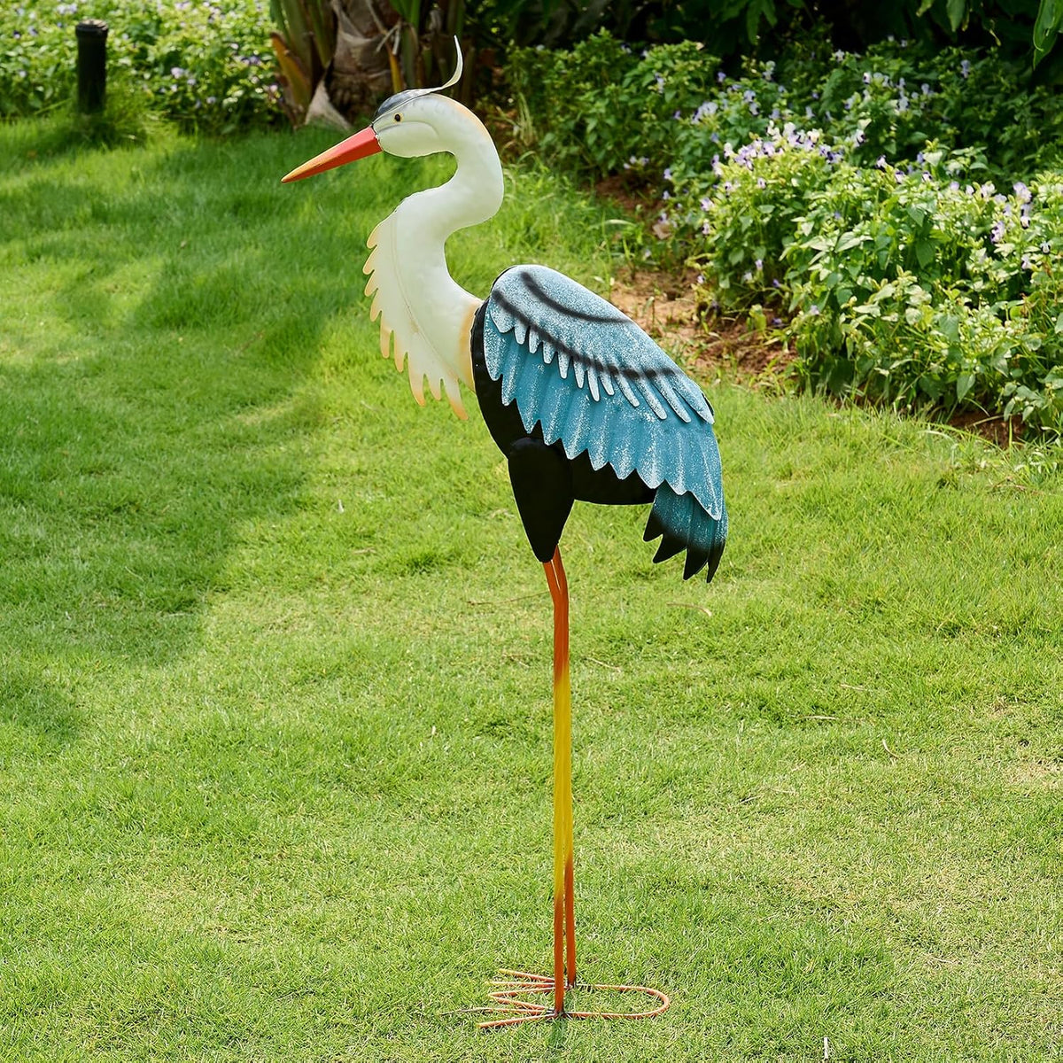 Crane Garden Metal Decor Statue - Large Standing Crane Statue, Metal Birds Yard Art Outdoor